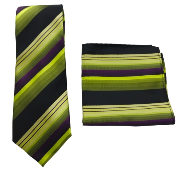 2 Piece Set Berlioni Italy Mens Tie & Pocket Square Striped Black Green 60" NWOT - Picture 1 of 5